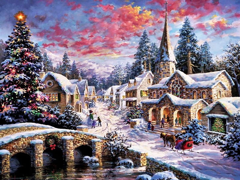Christmas Village, christmas tree, snow, bridge, houses, painting, river, artwork, HD wallpaper