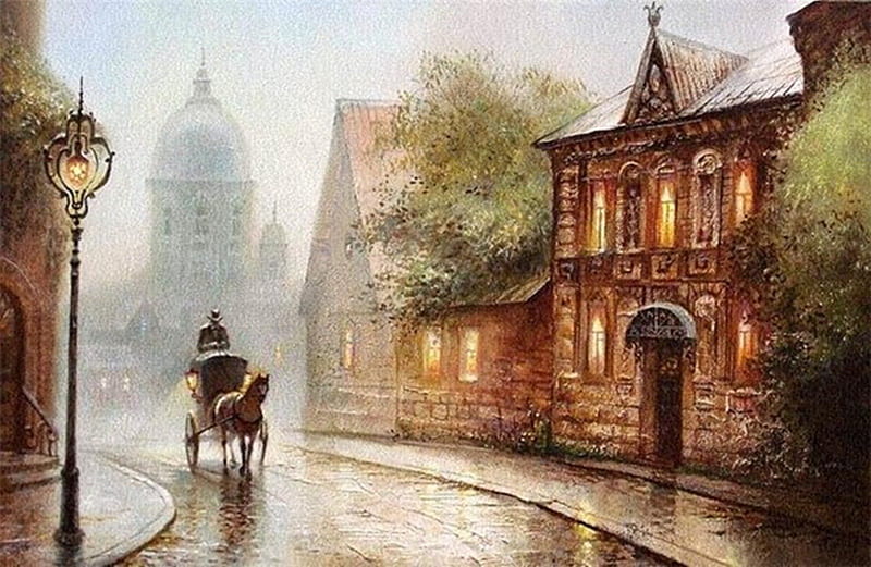 Carriage, paintings, streets, oils, artwork, HD wallpaper