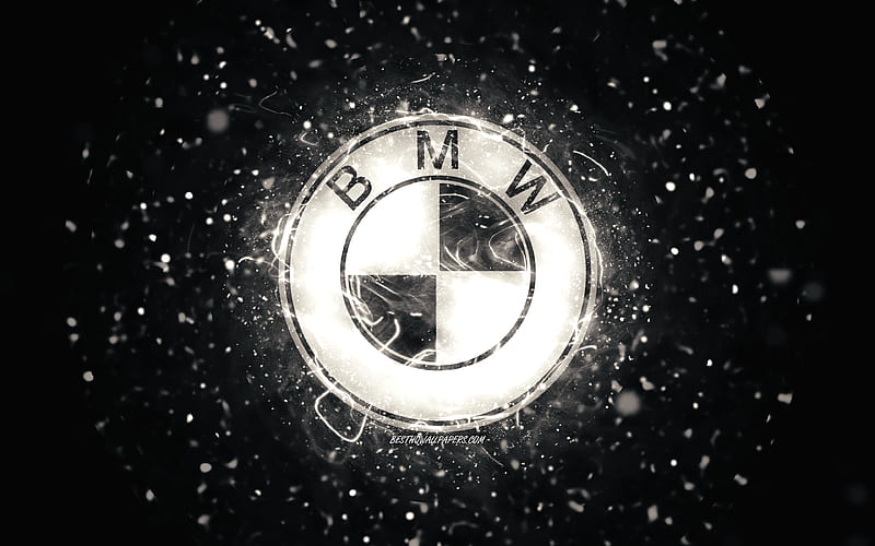 BMW white logo white neon lights, creative, black abstract background, BMW logo, cars brands, BMW, HD wallpaper