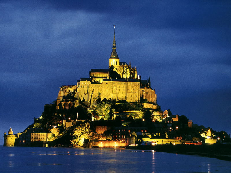 Mont St. Michel, france, normandie, sea, night, HD wallpaper