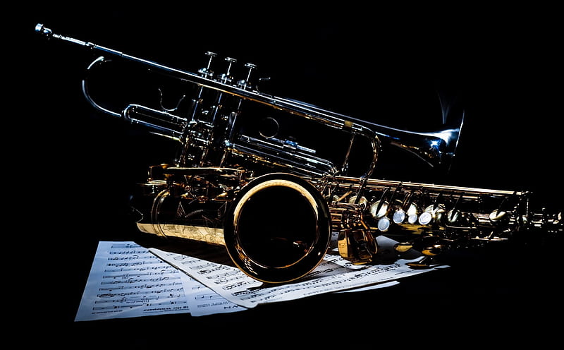 Jazz Instruments, jazz, music, trumpet, wind, copper, still life, graphy, instruments, sheets, saxophone, HD wallpaper