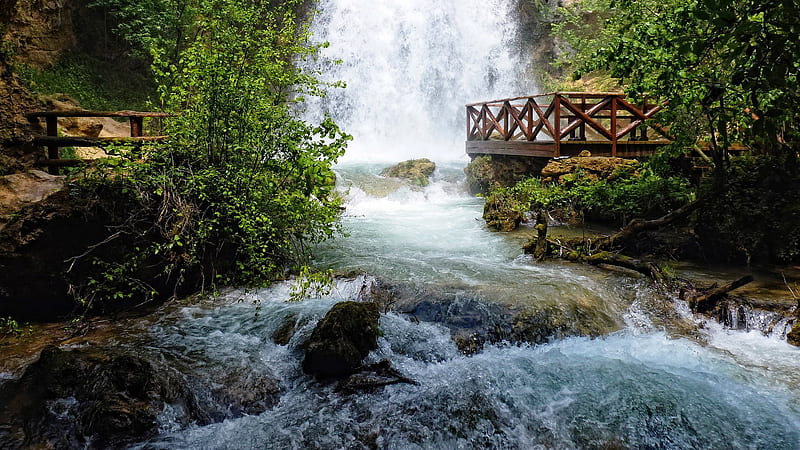 Waterfalls Stream On Rocks Wood Bridge Wood Log Green Trees Plants Nature, HD wallpaper