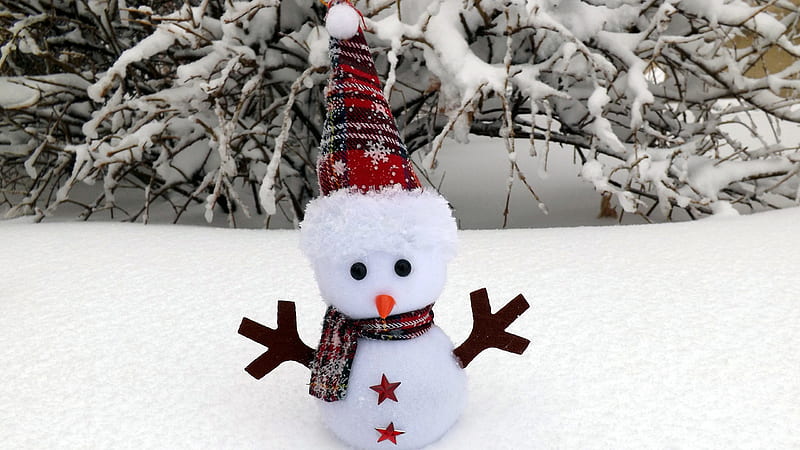 Snowman Toy In Snow Covered Tree Branches Background Snowman, HD wallpaper