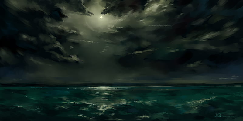 The Sea, dimmed out sun, anime, dark, jq, clouds, sea, HD wallpaper