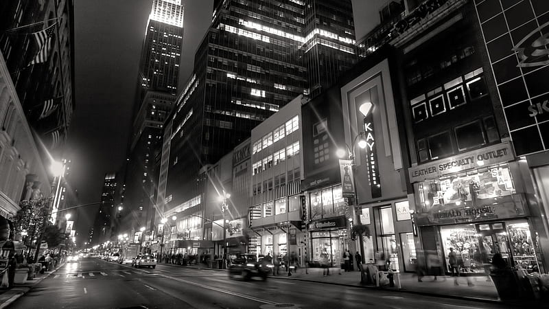 street in manhatten at night in b&w, city, black and white, street, lights, night, skyscrapers, HD wallpaper