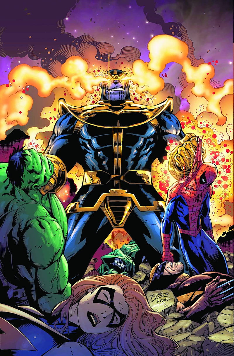 Thanos kills marvel, avengers, hulk, marvel comics, ms marvel, spiderman, super villains, wolverine, x men, HD phone wallpaper
