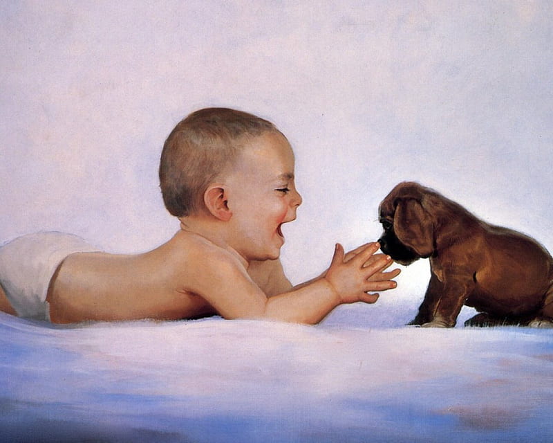 TWO LITTLE CUTIES, art, little, baby, happy, play, cute, love, painting, child, care, puppy, HD wallpaper