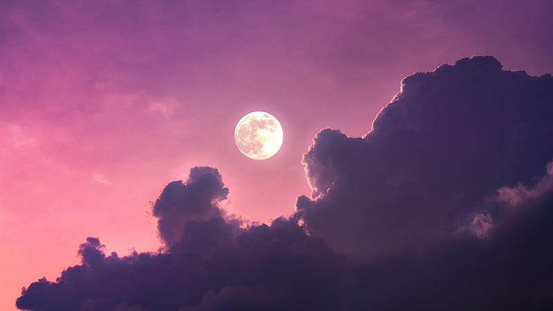 Full moon , Clouds, Pink sky, Scenic, Aesthetic, Nature, HD wallpaper