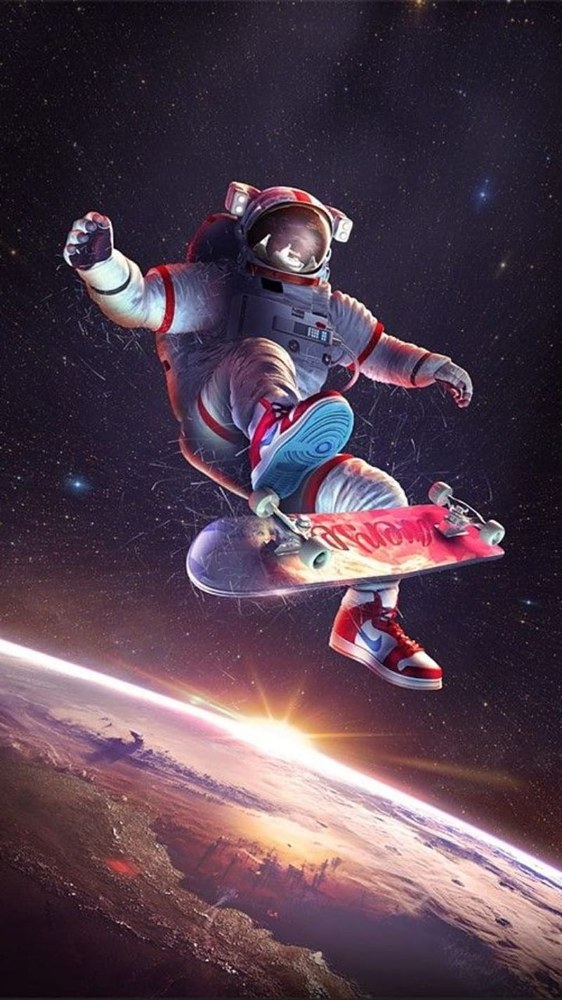 astronaut, planet, skateboard, earth, universe, space, HD phone wallpaper