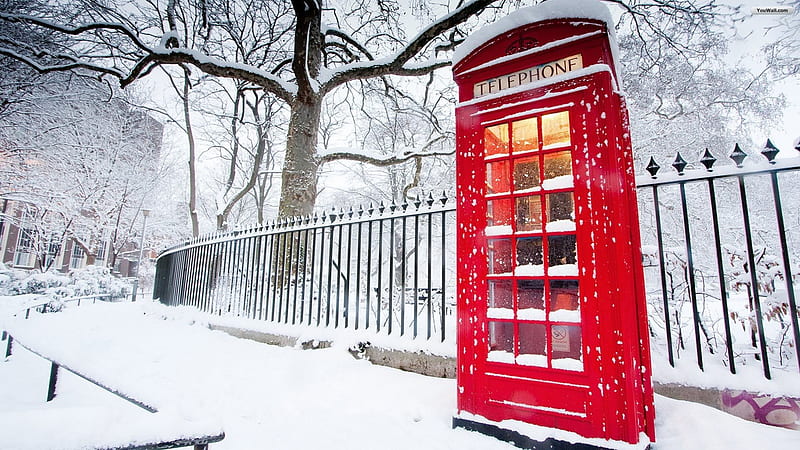 Phone Booth, snow, winter, london, HD wallpaper