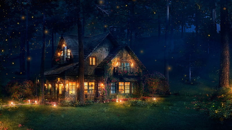 Cabaña en el bosque, bosque, hogar, cabaña, luces, Fondo de pantalla HD |  Peakpx