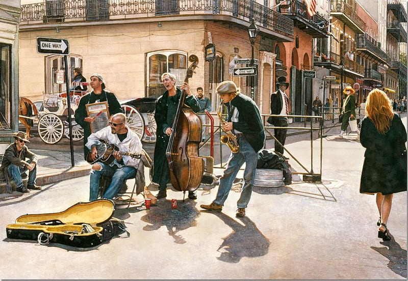 Street Musicians, group, people, houses, painting, instruments, City, HD wallpaper
