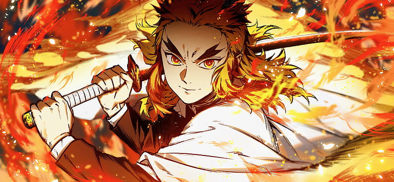 Anime, Demon Slayer: Kimetsu no Yaiba, Boy, Kyojuro Rengoku, Sword, HD wallpaper