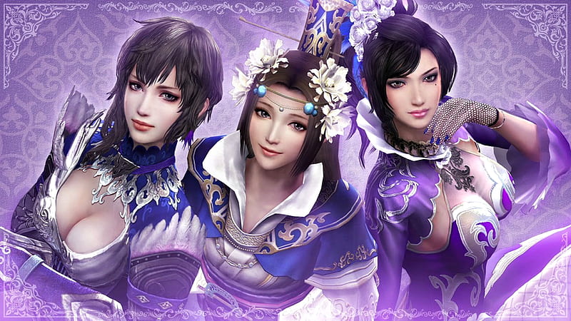Dynasty Warriors, lilac, frumusete, luminos, game, woman, girl, trio, beauty, pink, blue, HD wallpaper
