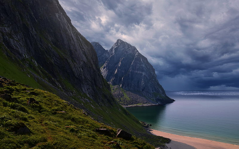 Norwegian sea, coast, rocks, downpour at sea, thunderstorm, sea, Norway, HD wallpaper