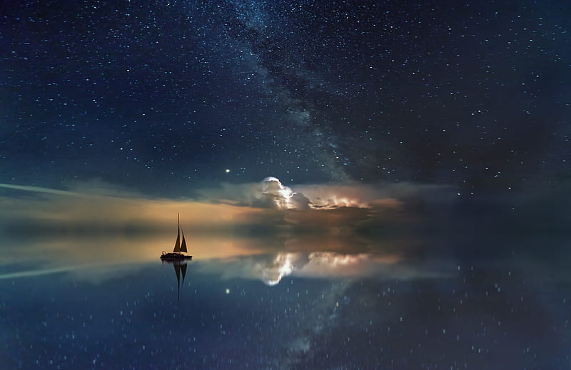 Lake Mirror Reflection Stars Boat Milky Way , reflection, milky-way, digital-universe, boat, stars, graphy, ocean, HD wallpaper