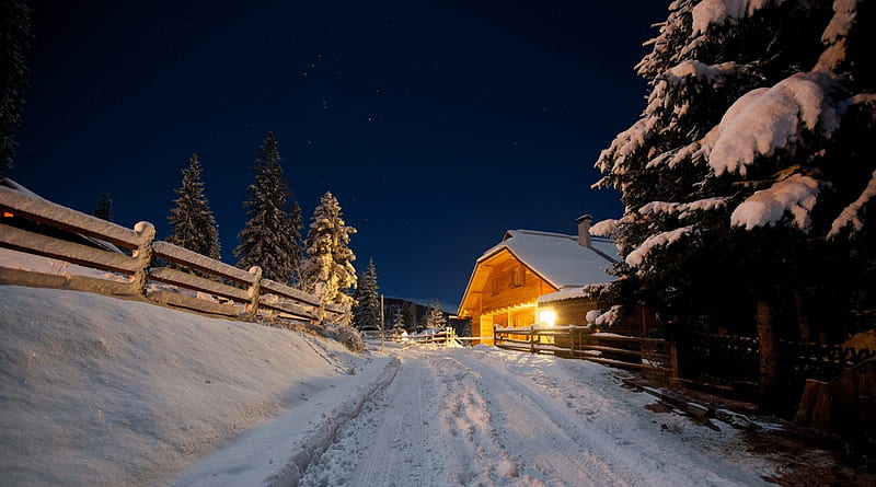 beautiful winter night on a cabin driveway, stars, driveway, cabin, lights, night, winter, HD wallpaper