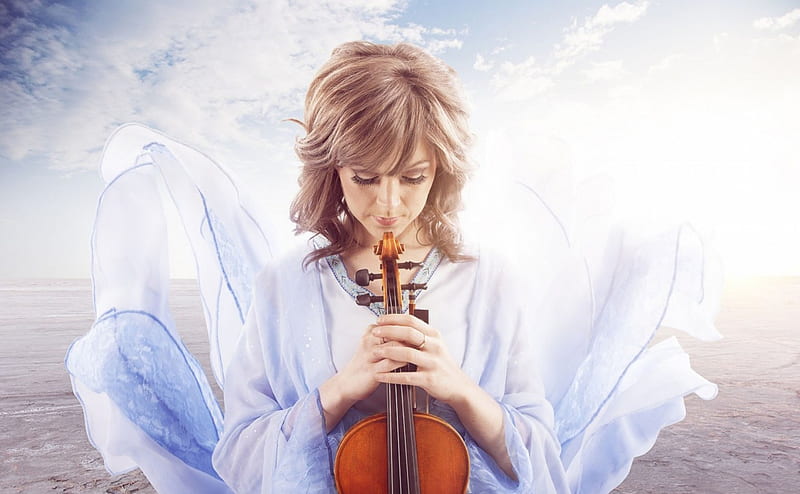 Lindsey Stirling, music, angel, woman, instrument, girl, white, violin singer, blue, HD wallpaper