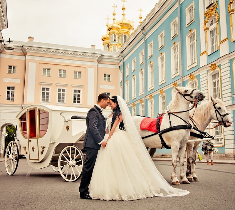 Wedding Couple, bride, carriage, HD wallpaper