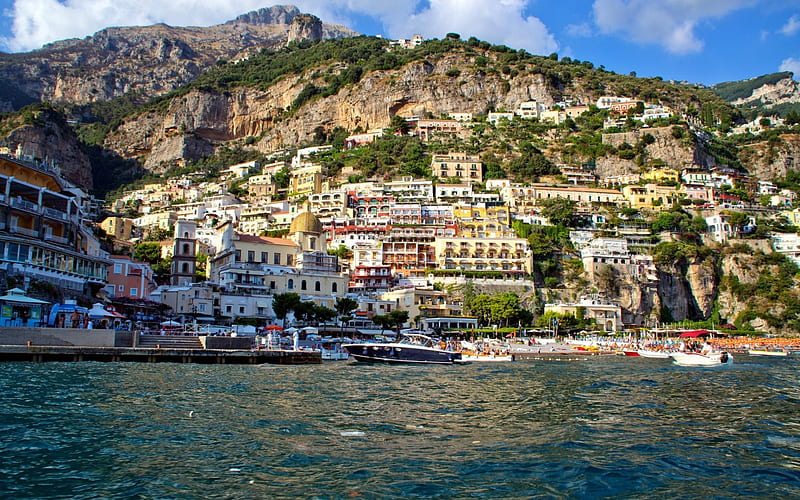 Salerno, boats, bay, Positano, Italy, Mediterranean Sea, rocks, coast, HD wallpaper