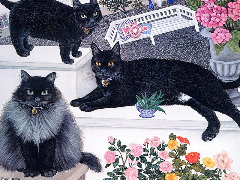 Black cats by Mimi Vang Olsen, painting mimi vang olsen, art, cat, kitten, animal, HD wallpaper