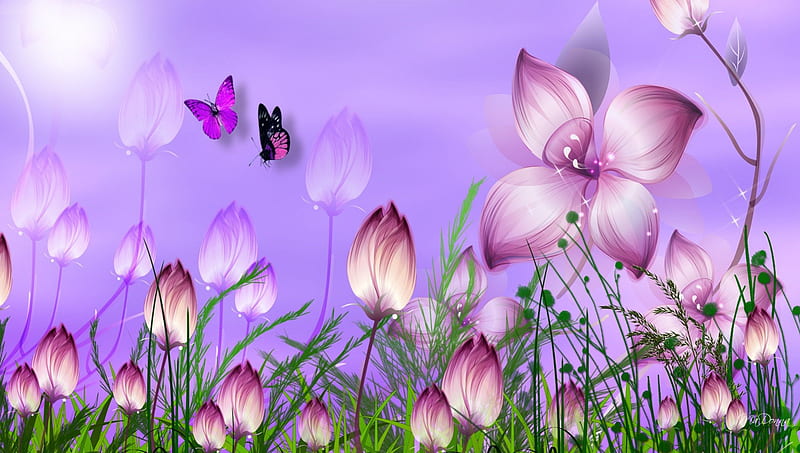 Season of Color, lilac, fragrant, butterflies, lavender, buds, floral, leaves, flowers, garden, pink, HD wallpaper