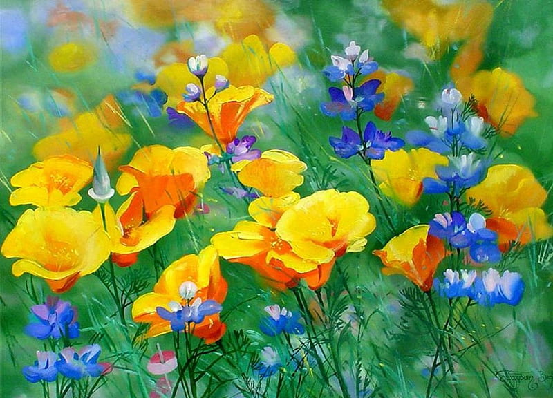 Poddubnyak Victor. Yellow flowers. 2000 oil on canvas, art, poddubnyak victor, painting, flower, yellow, canvas, HD wallpaper