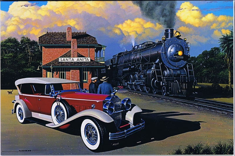 Santa Anita, locomotive, train, people, car, station, steam, artwork, HD wallpaper