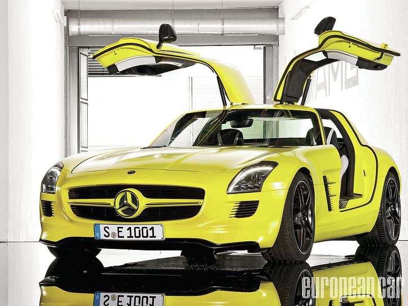 Mercedes Benz SLS AMG E Cell, e cell, yellow, gull wing doors, amg, HD wallpaper
