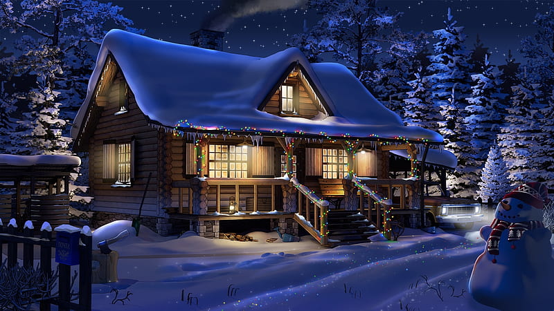 Christmas House, house, snow, winter, art, trees, lights, HD wallpaper