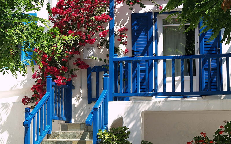 Mykonos Town House Entrance, mykonos, house, town, flowers, island, entrance, HD wallpaper