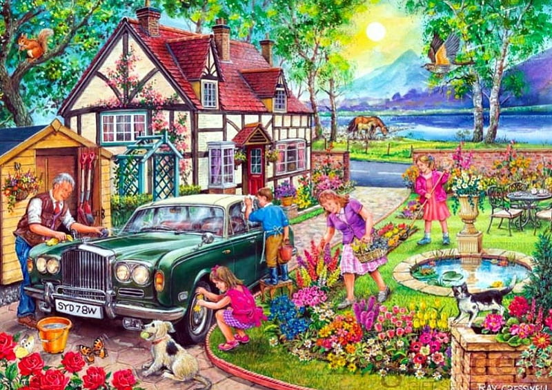 Pride Joy, house, children, trees, artwork, car, painting, flowers, dog, grandpa, HD wallpaper