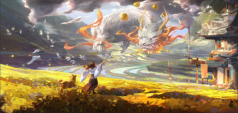 Fantasy, Dragon, Boy, Chinese Dragon, Dog, Girl, Landscape, HD wallpaper
