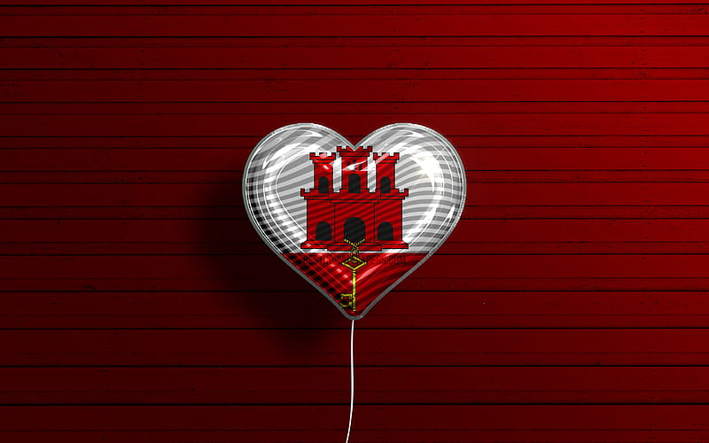 I Love Gibraltar realistic balloons, red wooden background, Gibraltar flag heart, Europe, favorite countries, flag of Gibraltar, balloon with flag, Gibraltar, Love Gibraltar, HD wallpaper