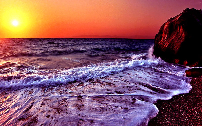 Sunset Sound, rocks, pretty, rock, yellow, bonito, sunset, sea, beach, stone, beauty, scenery, pink, horizon, view, ocean, peace, re, seashore, purple, garphy, peaceful, nature, wavem calm, scene, coast, HD wallpaper