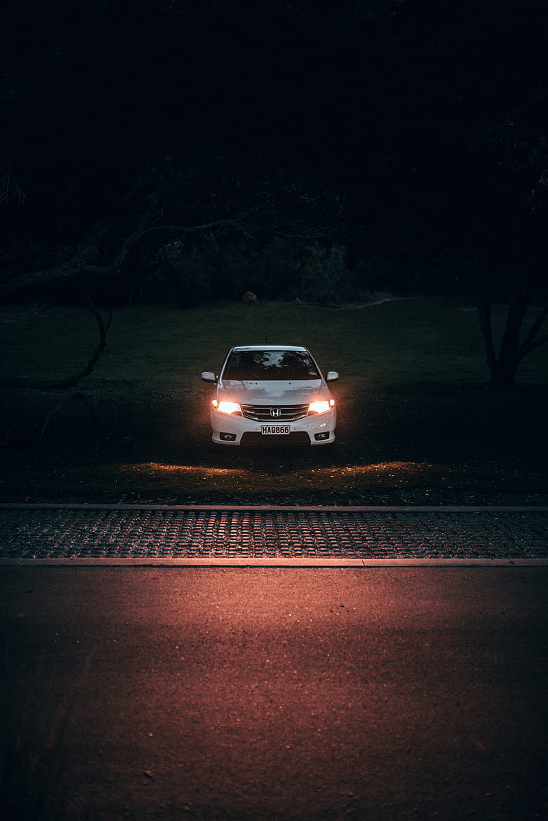 car, white, light, headlights, front view, dark, HD phone wallpaper