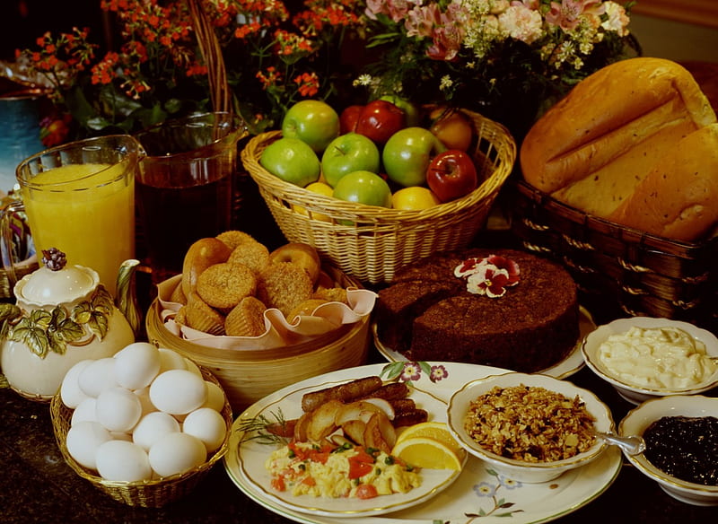 Food, cake, meal, juice, apples, bread, sweet, bakery, delicioud, eggs, HD wallpaper