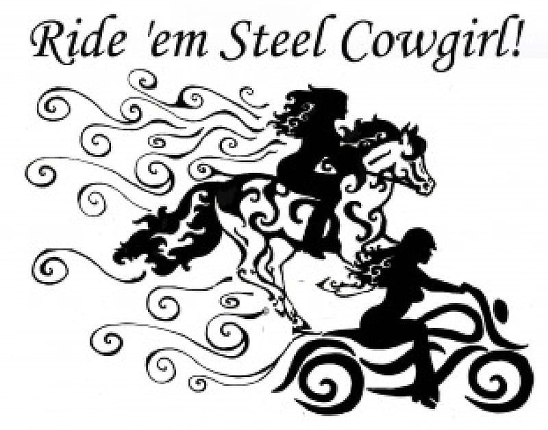 Ride Em' Cowgirls, art, westerns, fun, women, horses, cowgirls, drawing, motorcycles, females, girls, HD wallpaper