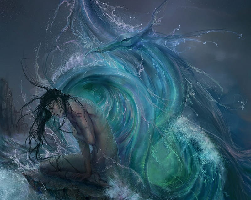 Water woman, art, serpent, waves, abstract, sea, hair, fantasy, 3d, girl, bird, colours, HD wallpaper