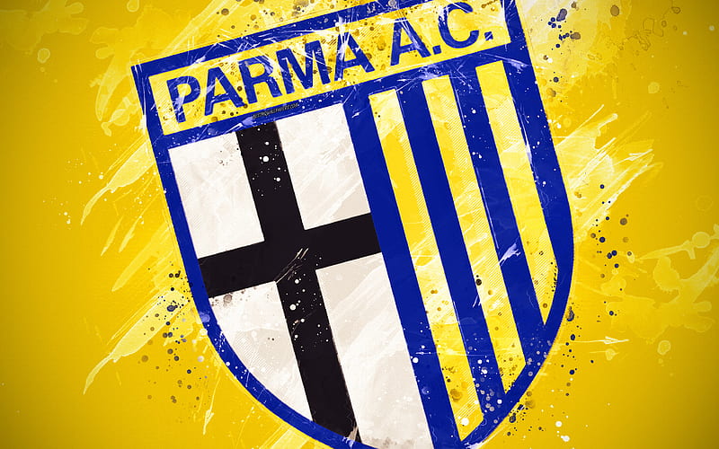 Parma Calcio 1913 paint art, creative, Italian soccer team, Serie A, logo, emblem, yellow background, grunge style, Parma, Italy, football Parma FC, HD wallpaper