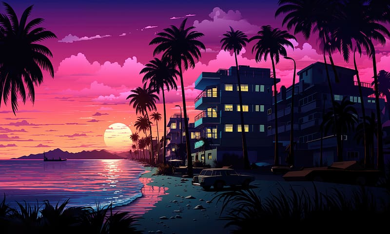 Hues Of Miami Sunset Glow, miami, synthwave, vaporwave, palm, trees, sunset, artist, artwork, digital-art, deviantart, HD wallpaper