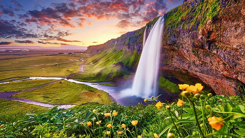 Seljalandsfoss, Iceland, river, clouds, landscape, sky, flowers, cascade, rocks, sunset, HD wallpaper