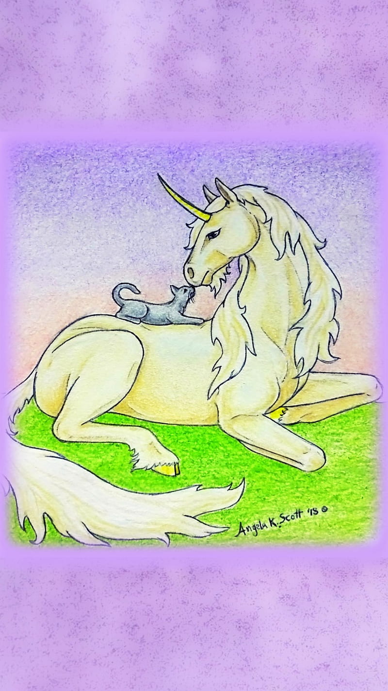 Unicorn Cat Friends, anime, art, drawings, fantasy, friendship, horse, kitty, love, HD phone wallpaper