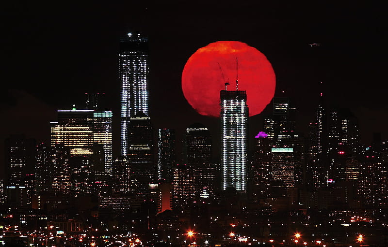 Red Moon Over City, HD wallpaper