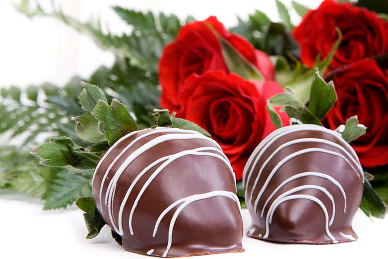 Chocolate strawberries and red roses for my sweet friend Anne (Talana), red, strawberry, rose, food, chocolate, sweet, card, leaf, fruit, green, flower, white, HD wallpaper