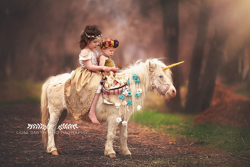 :), poney, unicorn, children, horse, cute, girl, pony, flower, copil, child, white, loni smith, blue, HD wallpaper