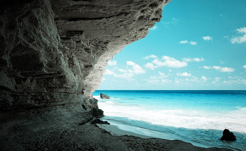 Private beach spot, rocks, bonito, clouds, cave, sea, beach, private, graph, pic, sky, wall, spot, water, summer, day, HD wallpaper