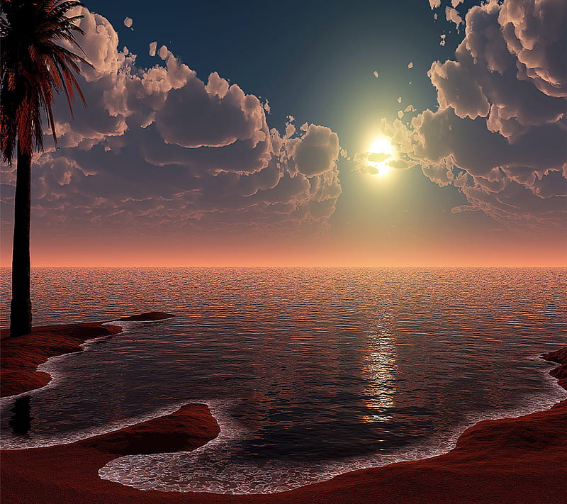 Sandy Sunset, ocean, sand, sea, sun, HD wallpaper
