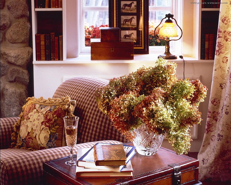 my beautiful corner, table, pillow, lamp, flowers vase, window, books, bonito, room corner, vine glas, foteille, HD wallpaper