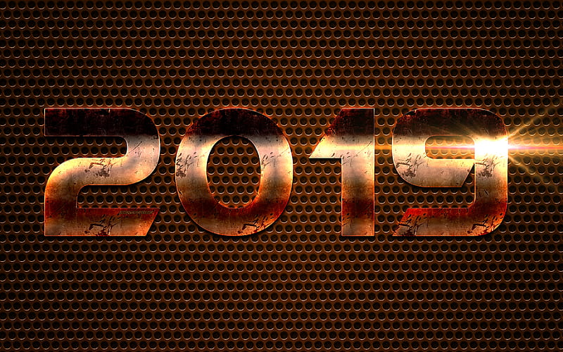 2019 Year, orange metal letters, Happy New Year, steel numbers, metal mesh, 2019 concepts, HD wallpaper